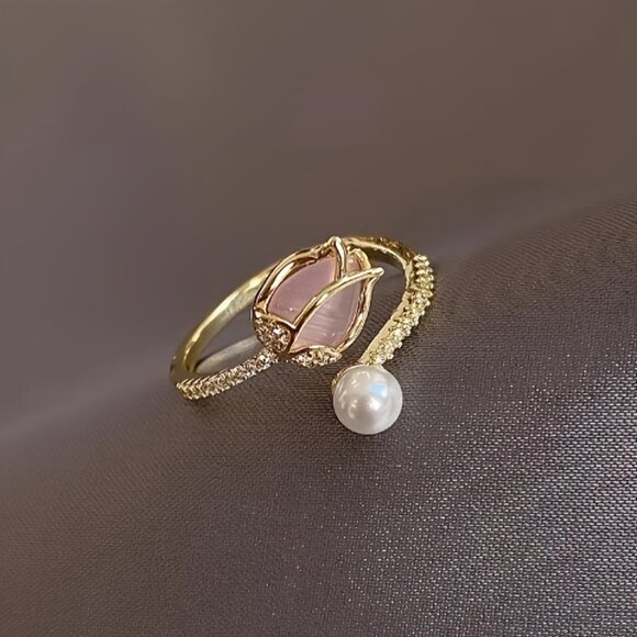 Pink Cubic Zirconia Tulip Pearl Adjustable Fashion Ring - Picture 2 of 5
